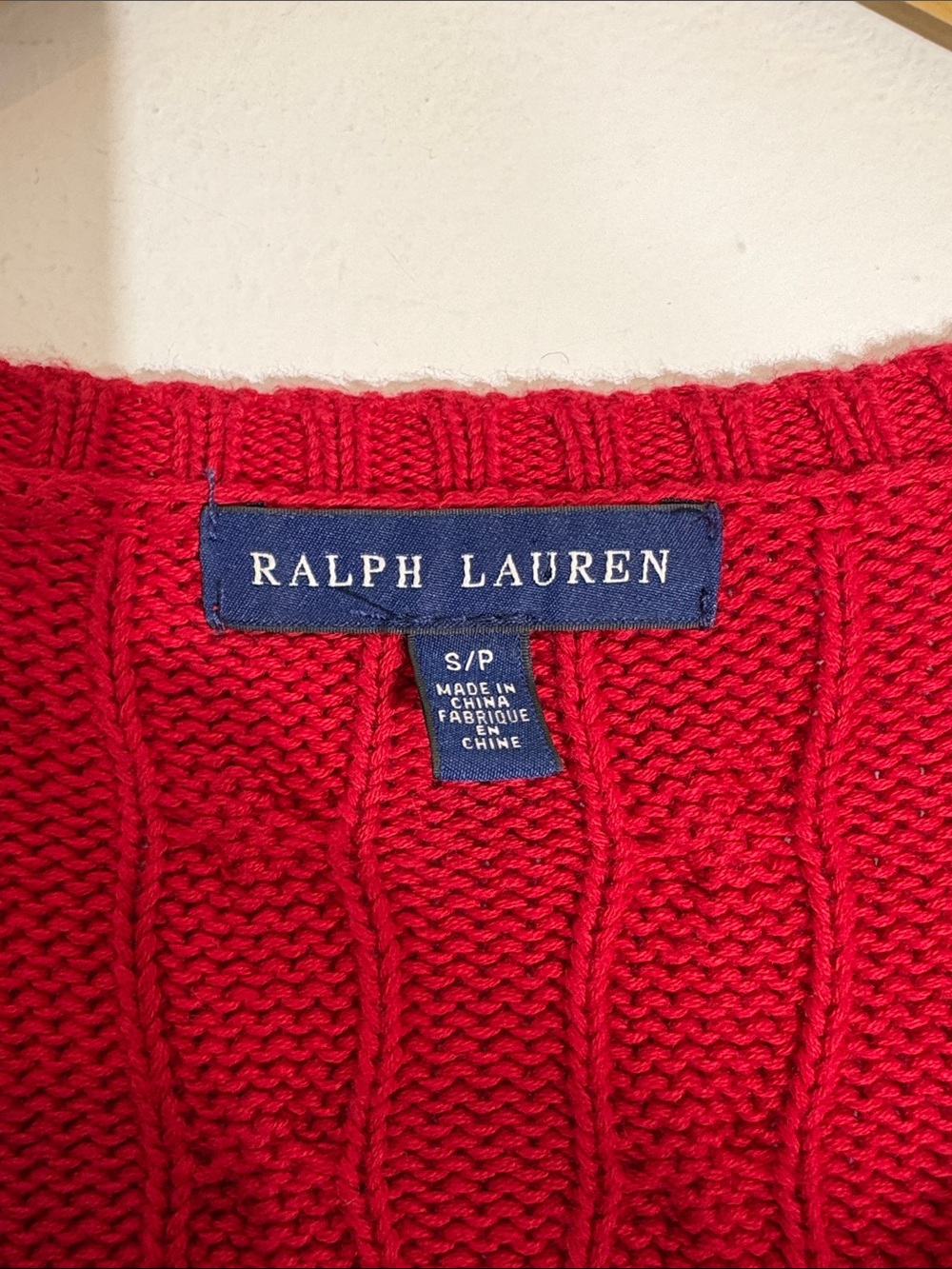 Ralph Lauren Cable Knit V-Neck Sweater Red Cotton Pony Logo Small - Picture 3 of 10